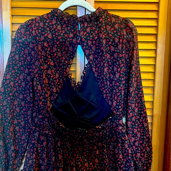 Row A Flounce Long Sleeve Godet Floral Dress - Women's Size M, Black/Red - Picture 4 of 6